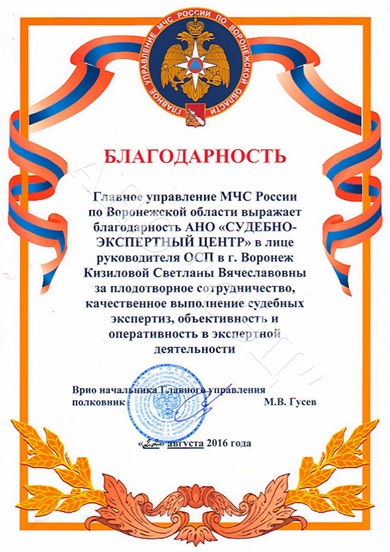 Благодарность руководителю ОСП АНО "СЭЦ" г. Воронеж от ГУ МЧС России