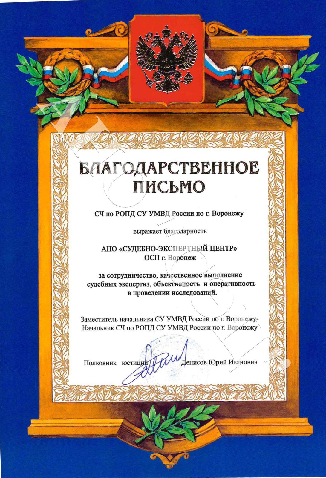 Благодарность АНО "СЭЦ" от УМВД по г. Воронежу